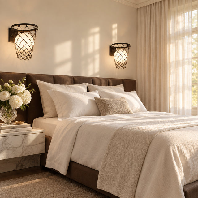 Modern bedroom with a bed, nightstands, and wall lamps.