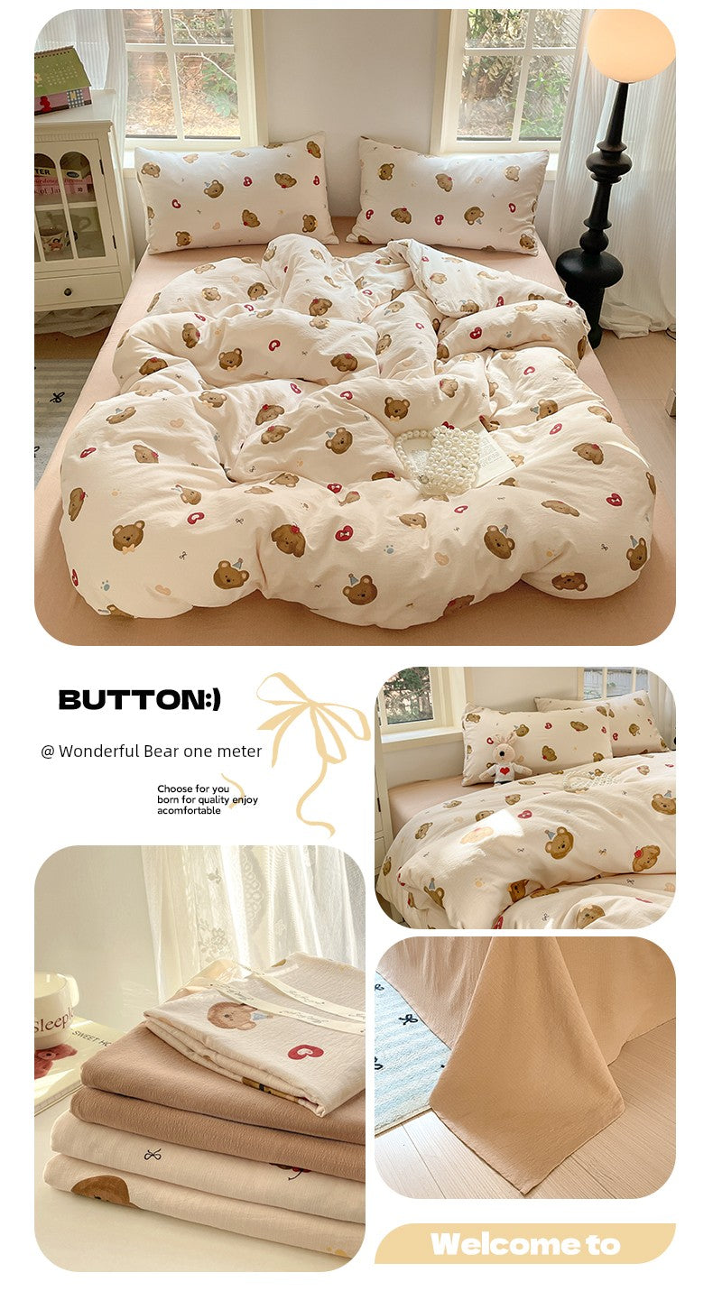 Young Adult Heart Double-Layer Yarn Bedding Four-Piece Set Washed Cotton Duvet Cover Dormitory Bed Single Student Three-Piece Set 4 Julia M LifeStyles