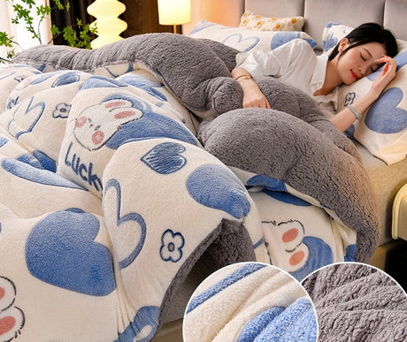 Person lying on a bed with a cartoon-themed blanket, surrounded by text about blanket features.