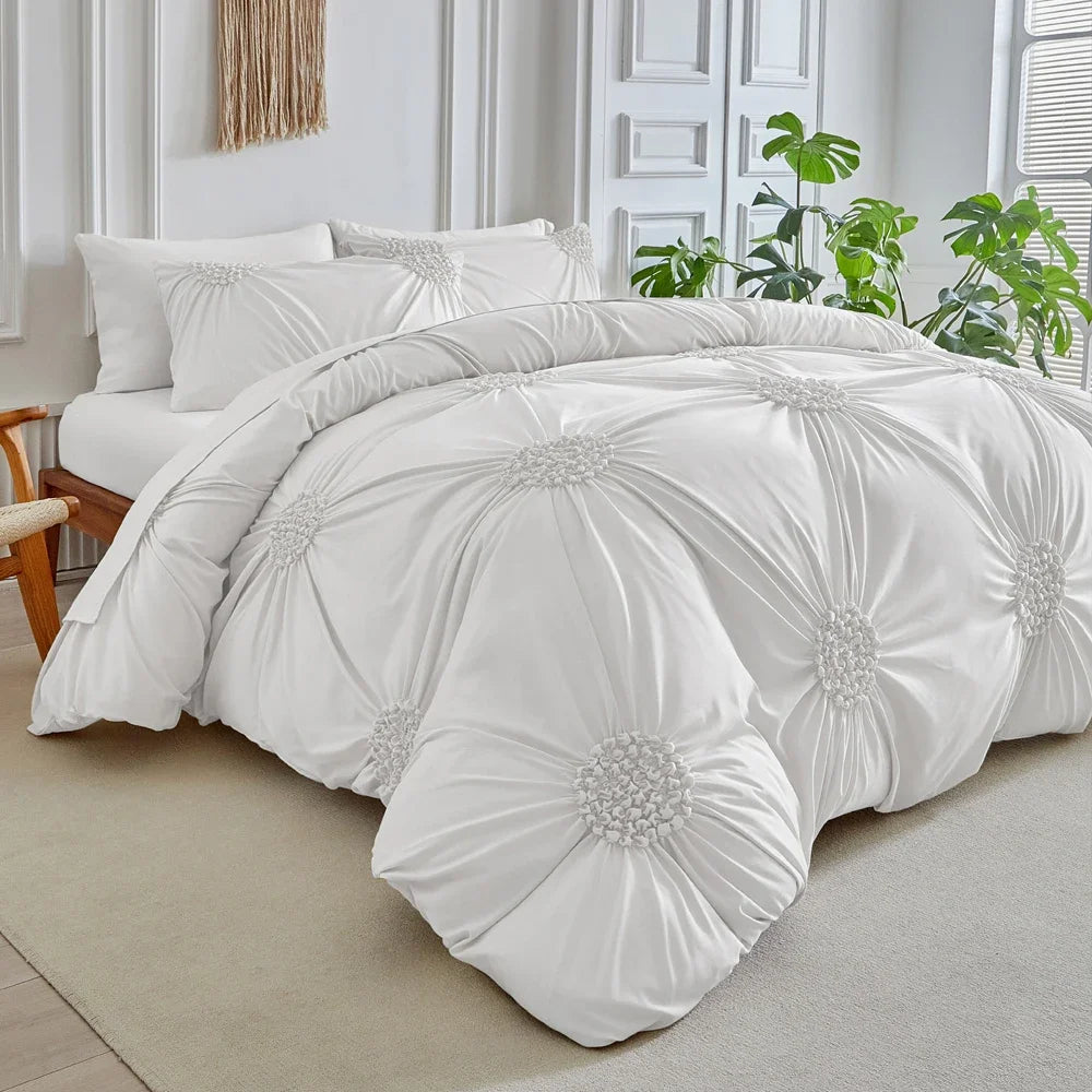 Three-dimensional Pleated Flowers Bedding Set Queen Simple Duvet Cover Set King Blanket Cover and Pillowcases Comforter Covers
