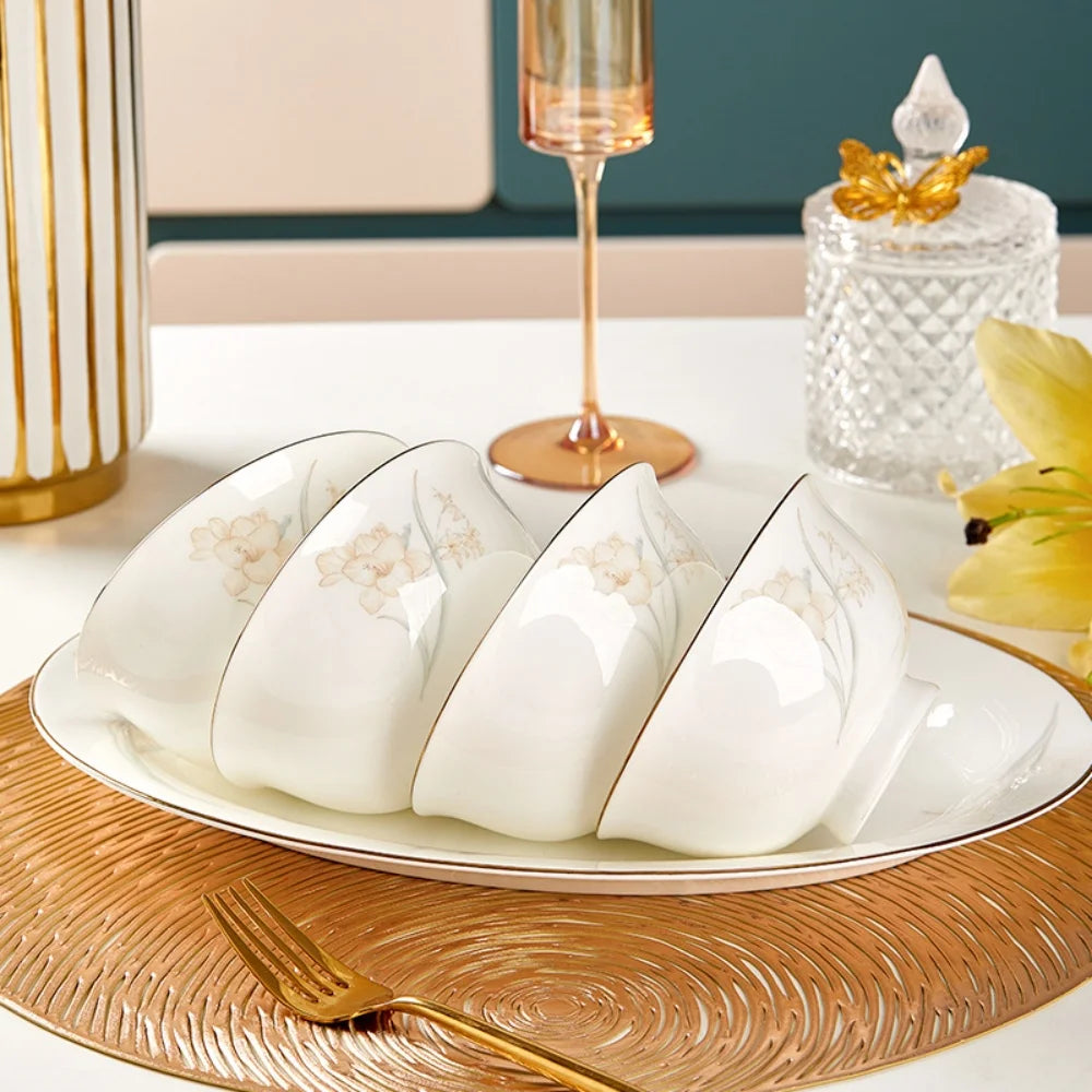 Bone Porcelain Tableware Sets Simple Flower Pattern Bowl And Plate Suitable For Family Gatherings And Party Kitchen Supplies - Julia M LifeStyles