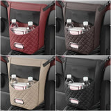 Car seat organizer in four different colors: red, brown, beige, and black.