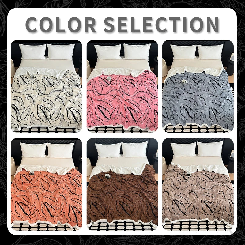Super Thick Blanket for Winter Warm Lamb Fleece Plaids for Sofa Single/Queen/King Leaves Printed Bedspread Winter Thow Blanket Julia M LifeStyles
