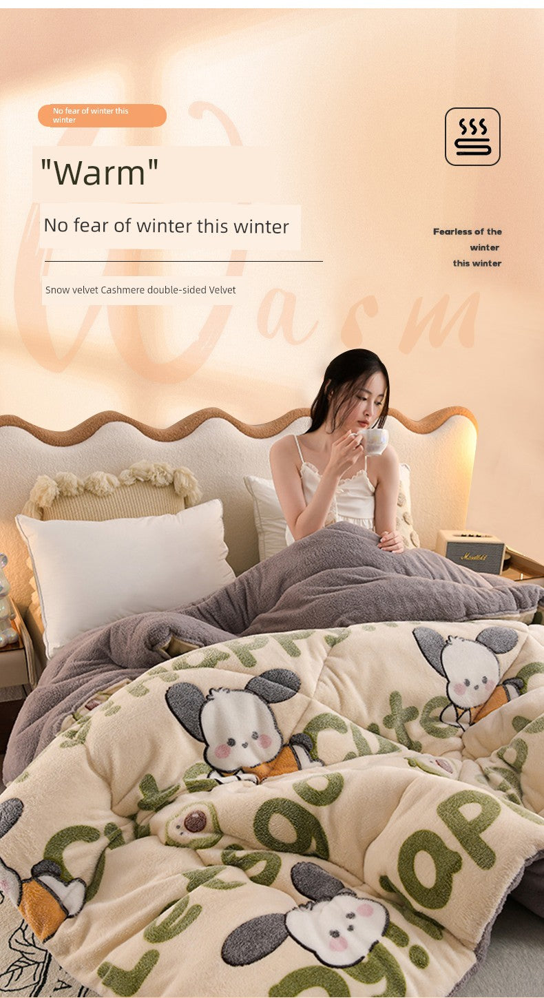 Woman under a blanket with cartoon design, text 'Warm No fear of winter this winter' on a warm-toned background