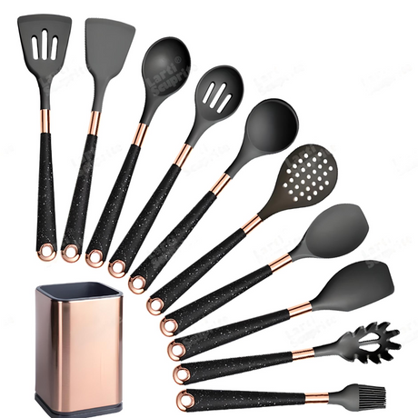 Silicone Kitchen Utensils Set - Heat Resistant, Non-stick, Rose Gold Plated Handles