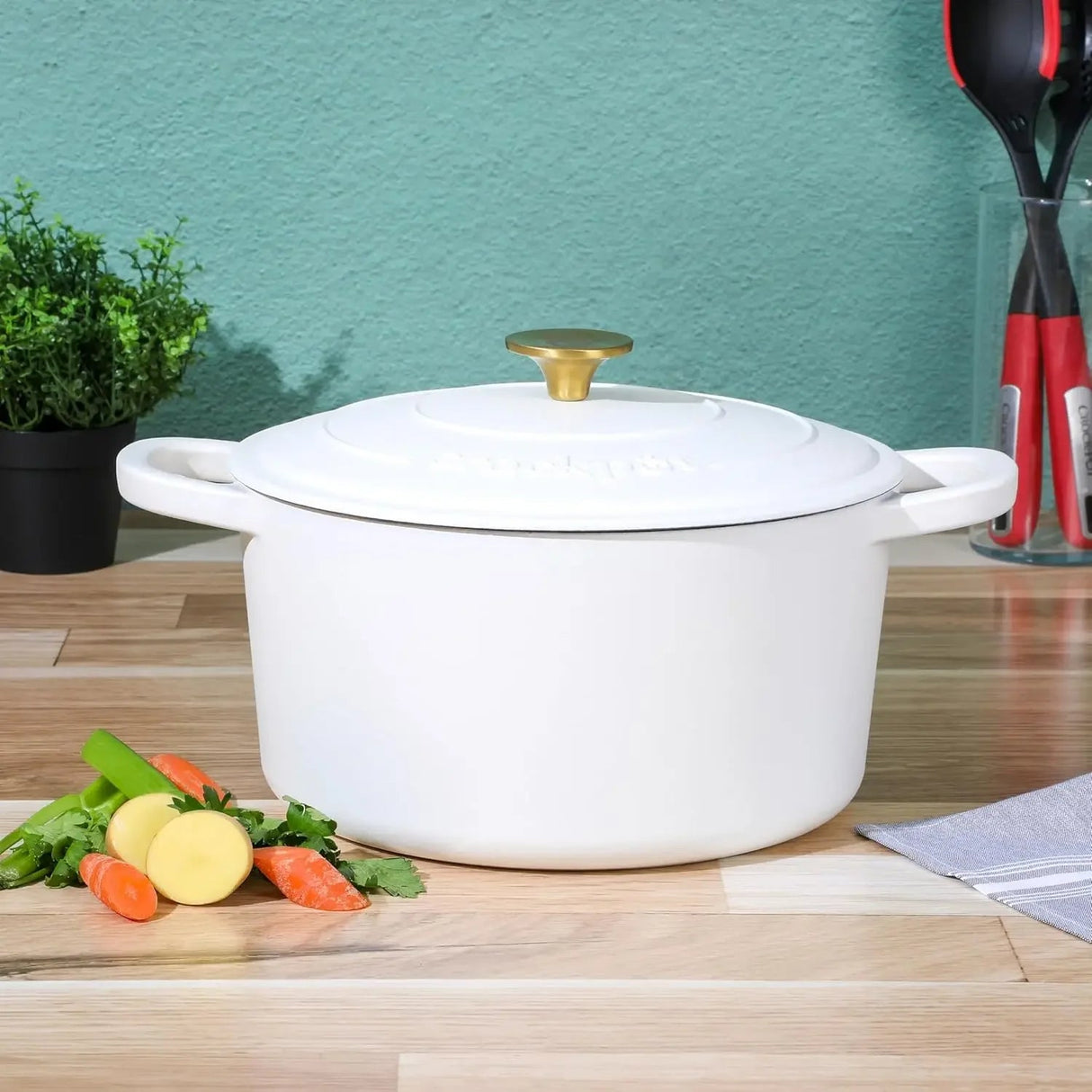 Artisan 7-Quart Round Dutch Oven - Matte Linen White w/Gold Knob Julia M Home & Kitchen