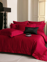 Red Cotton Jacquard Bedding Set with Duvet Cover, 4-Piece