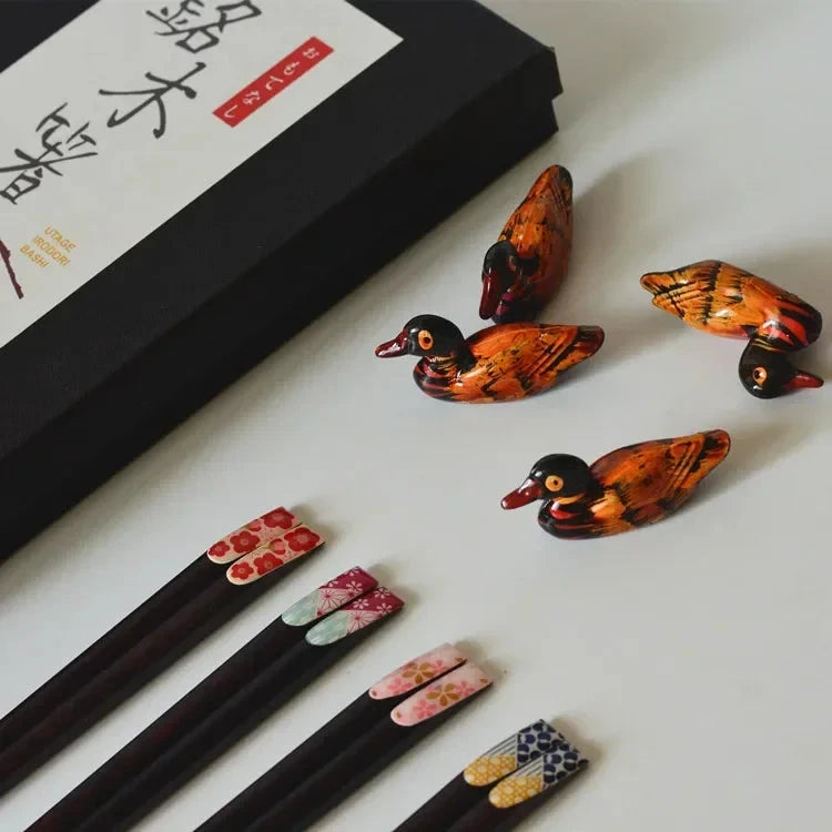 Elegant Chinese Style Wooden Chopstick Gift Set with Rest - 4 Pairs Julia M LifeStyles
