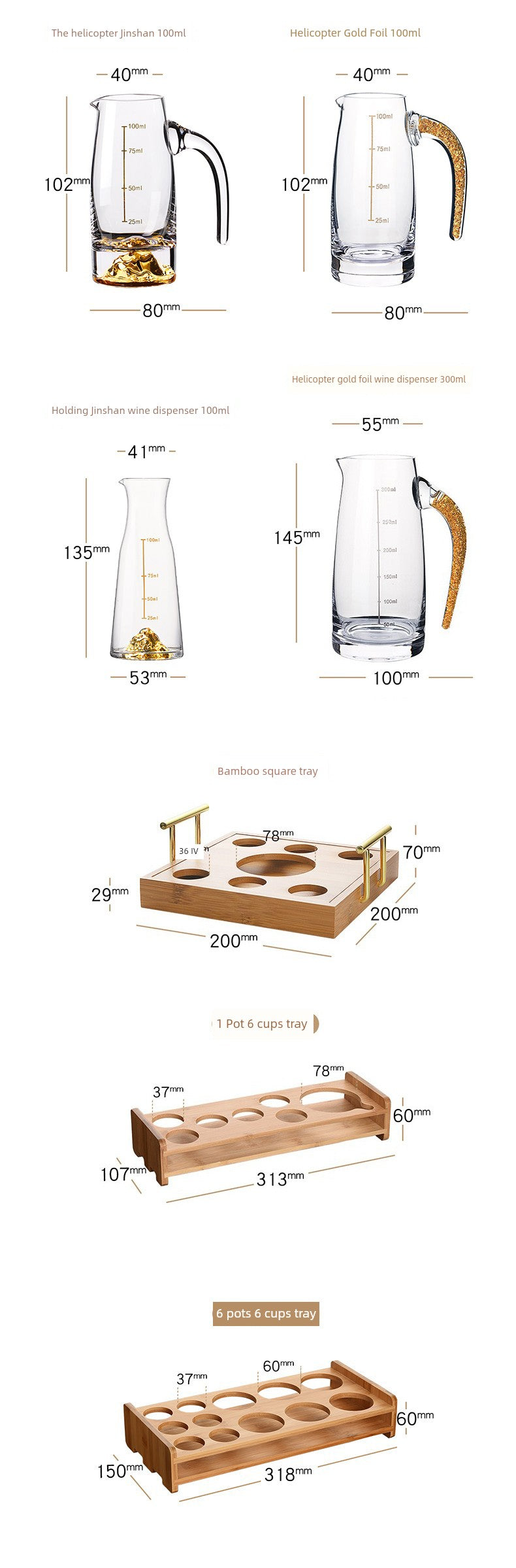 Crystal Glass Wine Decanter Set with Gold Foil Shot Cup