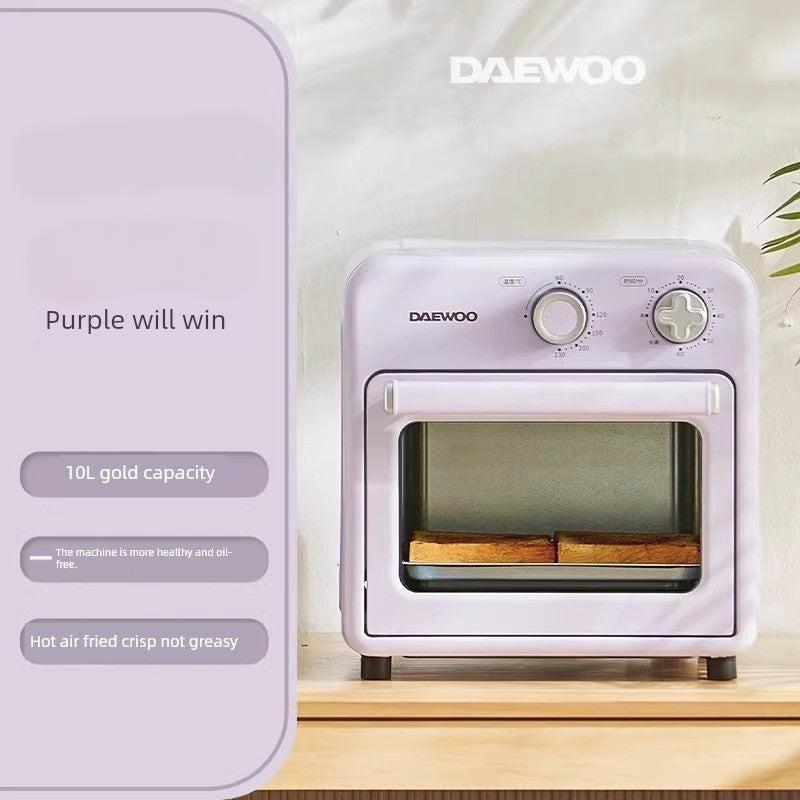Purple Daewoo oven on a wooden surface with text highlighting features.