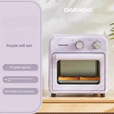 Purple Daewoo oven on a wooden surface with text highlighting features.