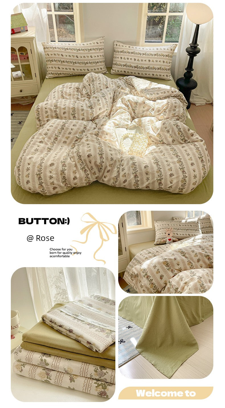 Young Adult Heart Double-Layer Yarn Bedding Four-Piece Set Washed Cotton Duvet Cover Dormitory Bed Single Student Three-Piece Set 4 Julia M LifeStyles