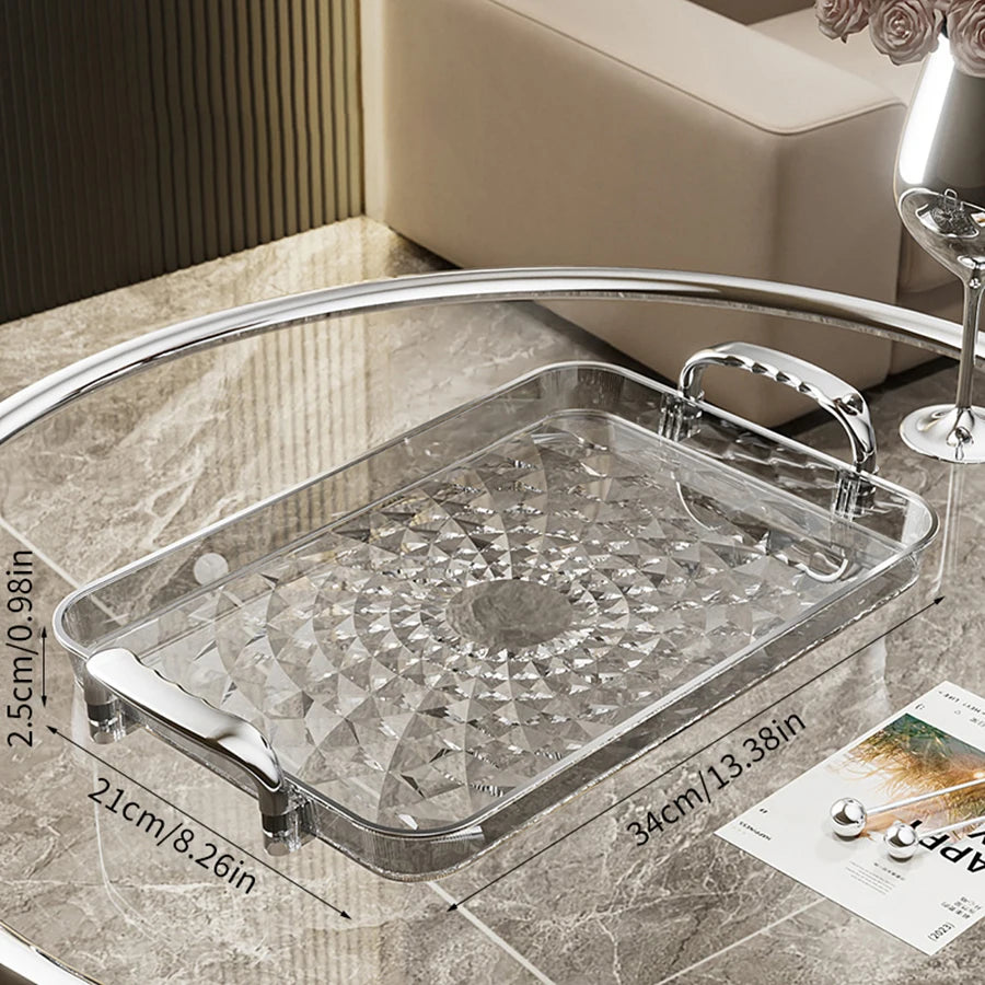 WORTHBUY Light Luxury Clear Serving Tray Plastic Fruit Dessert Tray With Handle Home Decorative Storage Tray Kitchen Organizer