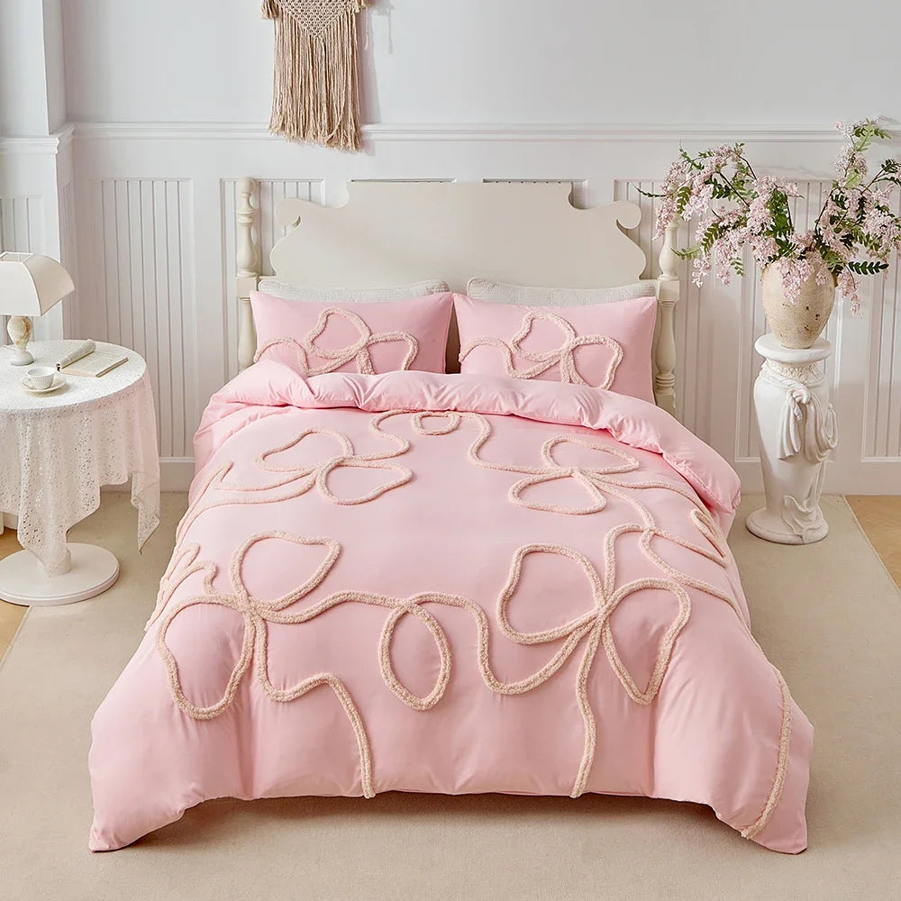 New Bow-knot Tufted Cut Flower Quilt Cover Set Queen Tufting Duvet Cover and Pillowcase Comfortable Skin-Friendly Blanket Covers