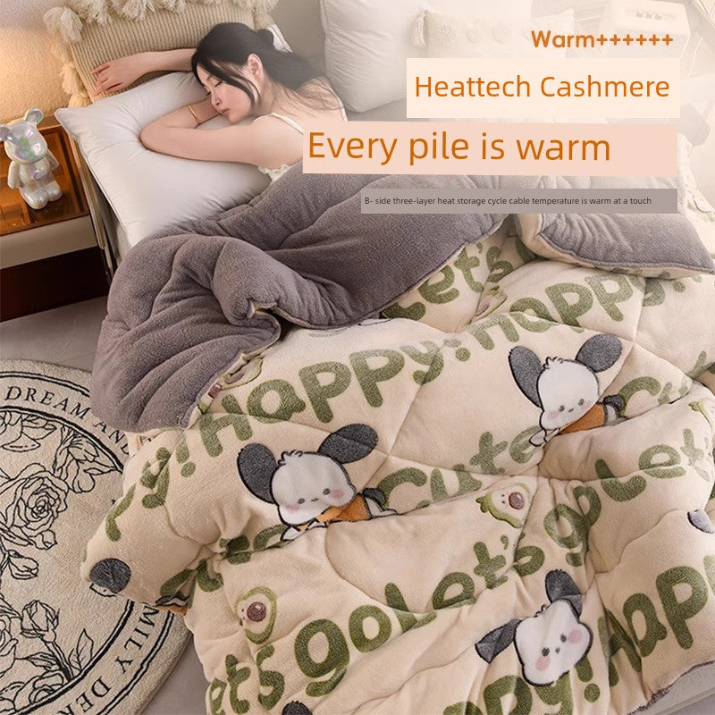 Woman lying on a bed with cartoon-themed bedding and text 'Every pile is warm' and 'Heattech Cashmere'.
