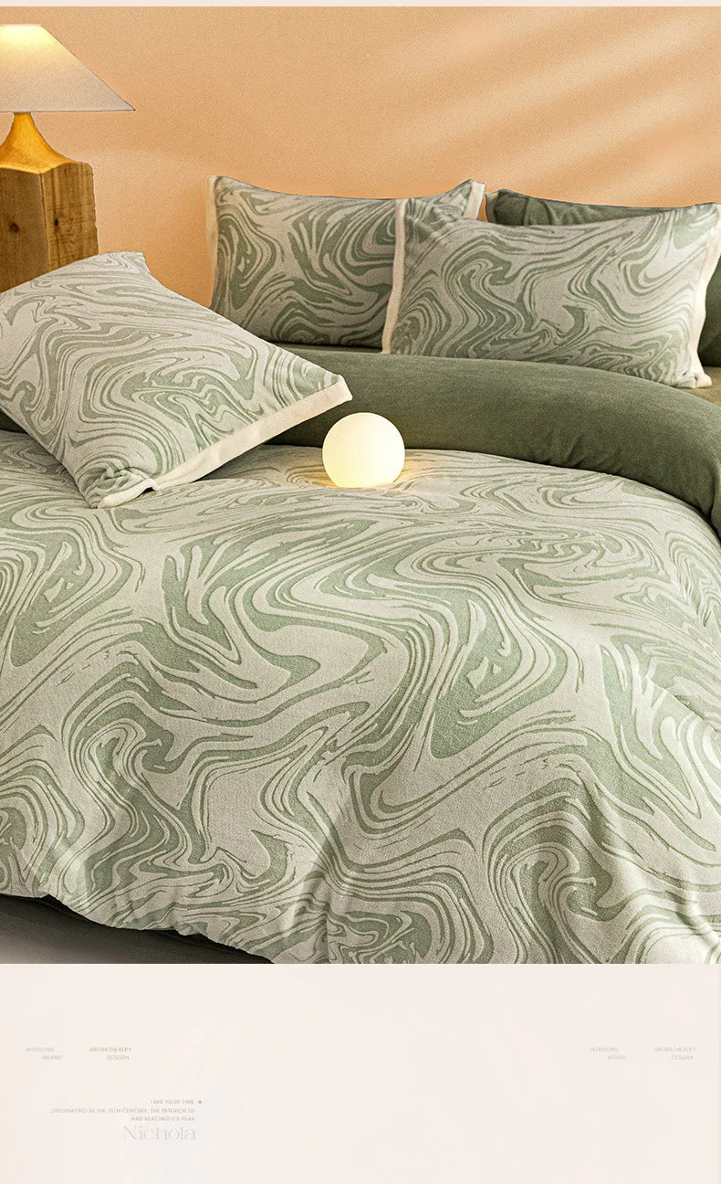 High-end Thickened Milk Fleece Carving Four-piece Skin-friendly Three-dimensional Jacquard Bedding Kit