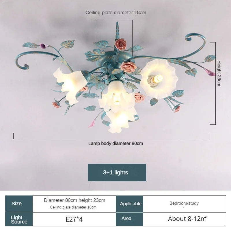 Romantic Rose Flower Ceiling Lamp - Pastoral Style Chandelier