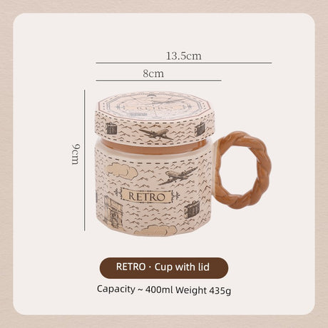 Hero Retro Ceramic Mug with Lid - Exquisite 300-400ml Coffee Cup