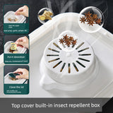 Insect repellent box with top cover and usage instructions on a white background