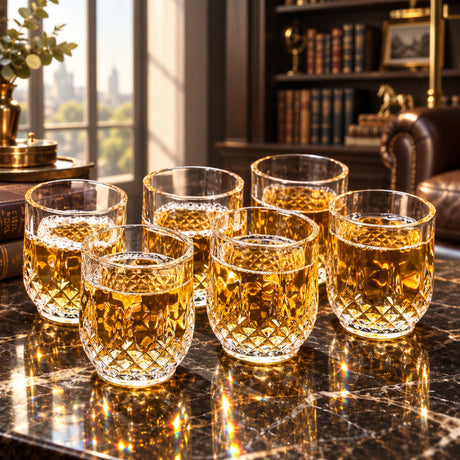 Set of six glass tumblers filled with a golden liquid on a dark background