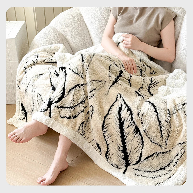 Super Thick Blanket for Winter Warm Lamb Fleece Plaids for Sofa Single/Queen/King Leaves Printed Bedspread Winter Thow Blanket Julia M LifeStyles