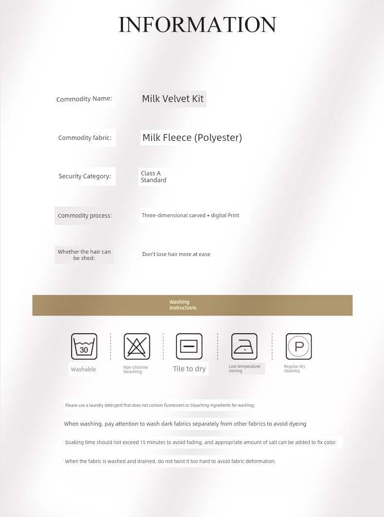 Product information sheet for a Milk Velvet Kit with fabric details and care instructions.