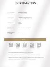 Product information sheet for a Milk Velvet Kit with fabric details and care instructions.