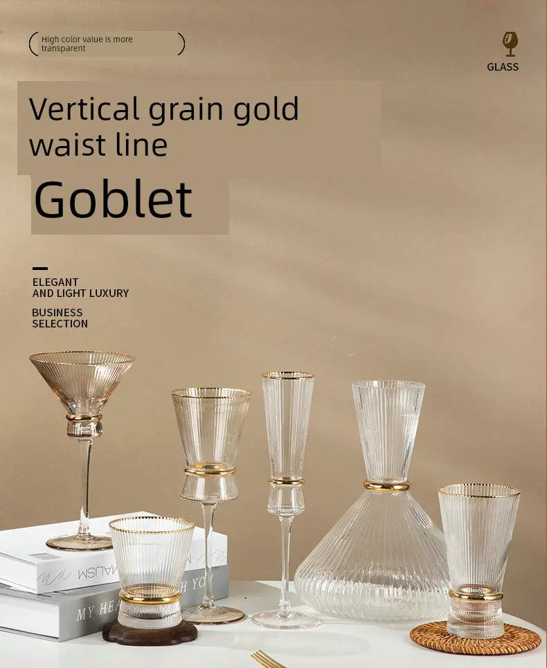 Vertical Grain Gold Waistline Goblet Champagne Glass Cocktail Glass Vertical Grain Water Cup Suit Electroplated Gold Creative Wine Ware Julia M Home & Kitchen