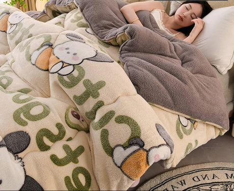 Person lying in bed under a cartoon-themed blanket with rapid delivery text above.