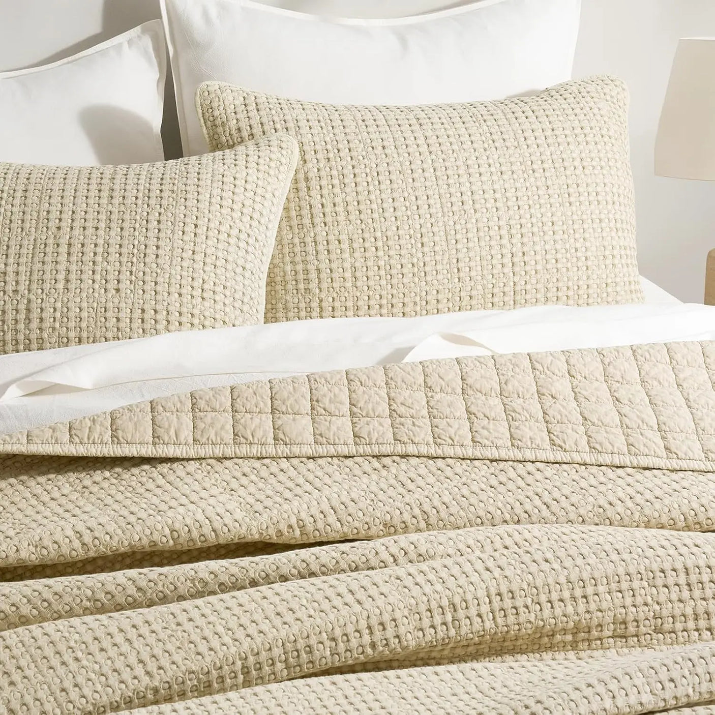 King Size 3-Piece Stonewashed Cotton Waffle Quilt Set, Durable & Lightweight for All Seasons with Box Stitch Design