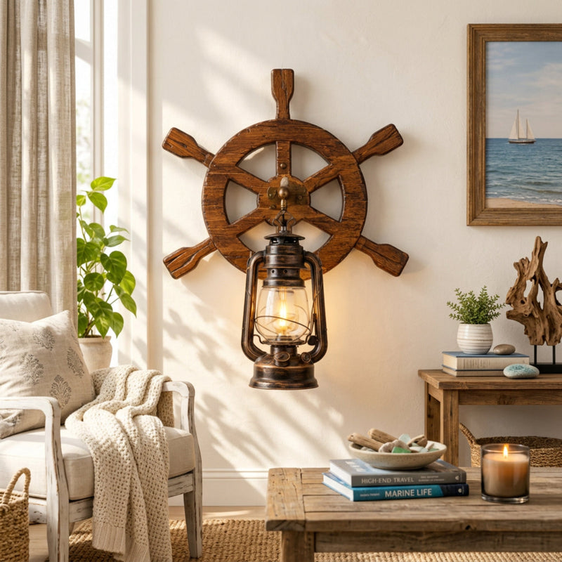 A rustic nautical wall sconce featuring a dark brown wooden ship's wheel with a hanging vintage-style lantern below it, shown against a plain light gray wall. The text 'Turn off the lights' appears in the upper left corner.