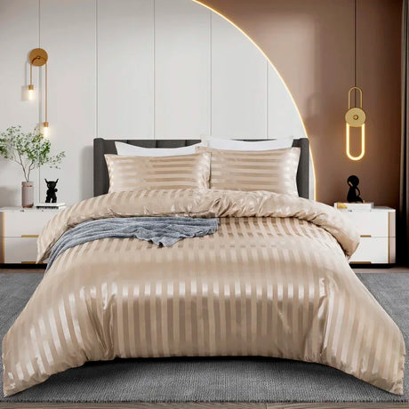 Luxury Satin Striped Duvet Cover Set with Zipper Closure & Pillow Cases - Julia M LifeStyles