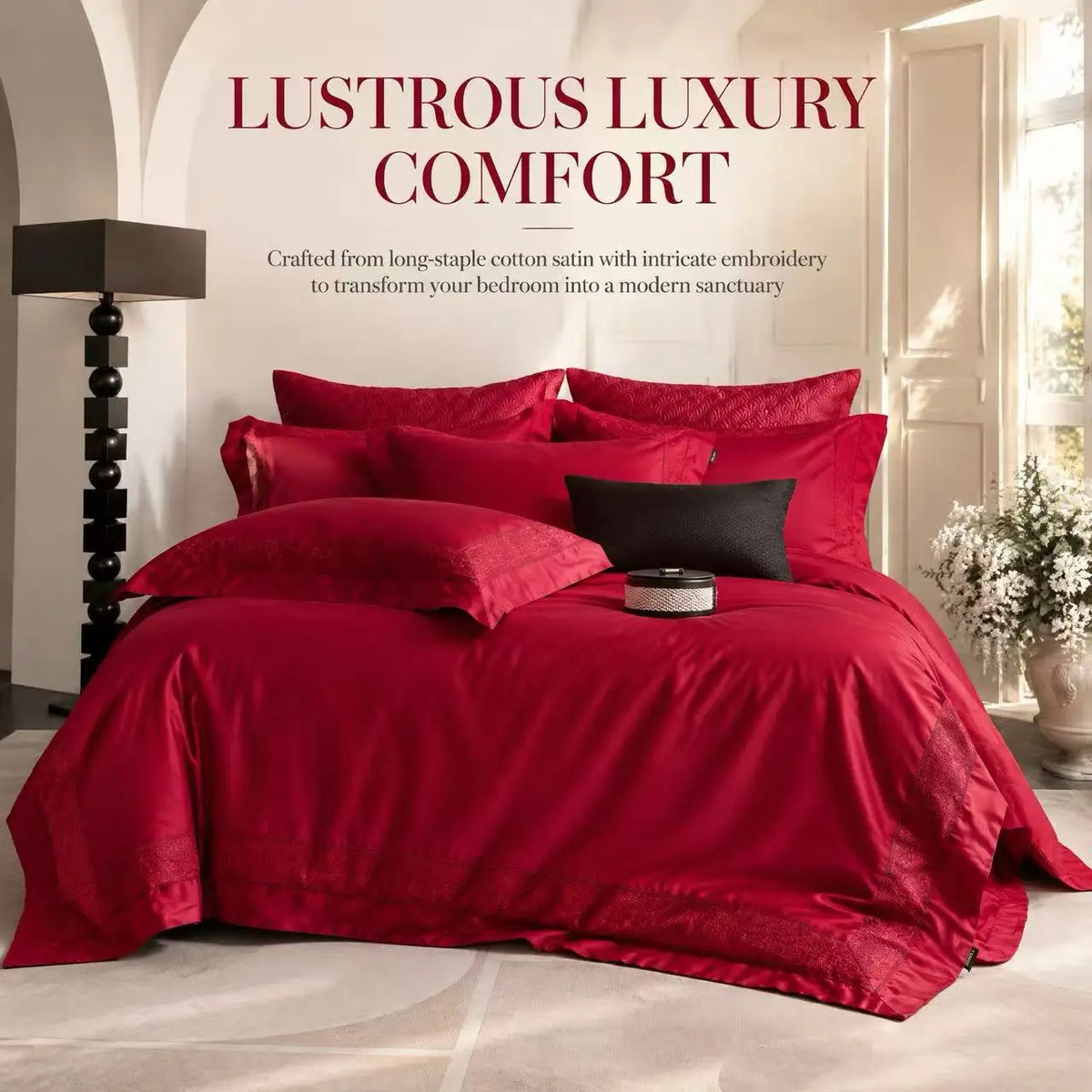 Red Cotton Jacquard Bedding Set with Duvet Cover, 4-Piece