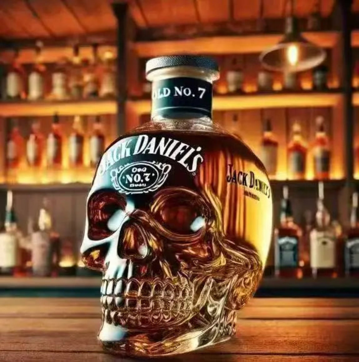 Jack Daniel's Old No. 7 bottle shaped like a skull on a bar shelf background