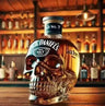 Jack Daniel's Old No. 7 bottle shaped like a skull on a bar shelf background