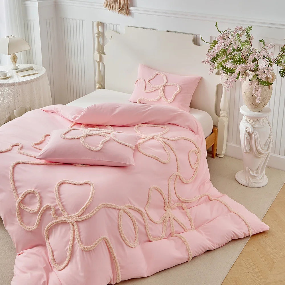 New Bow-knot Tufted Cut Flower Quilt Cover Set Queen Tufting Duvet Cover and Pillowcase Comfortable Skin-Friendly Blanket Covers