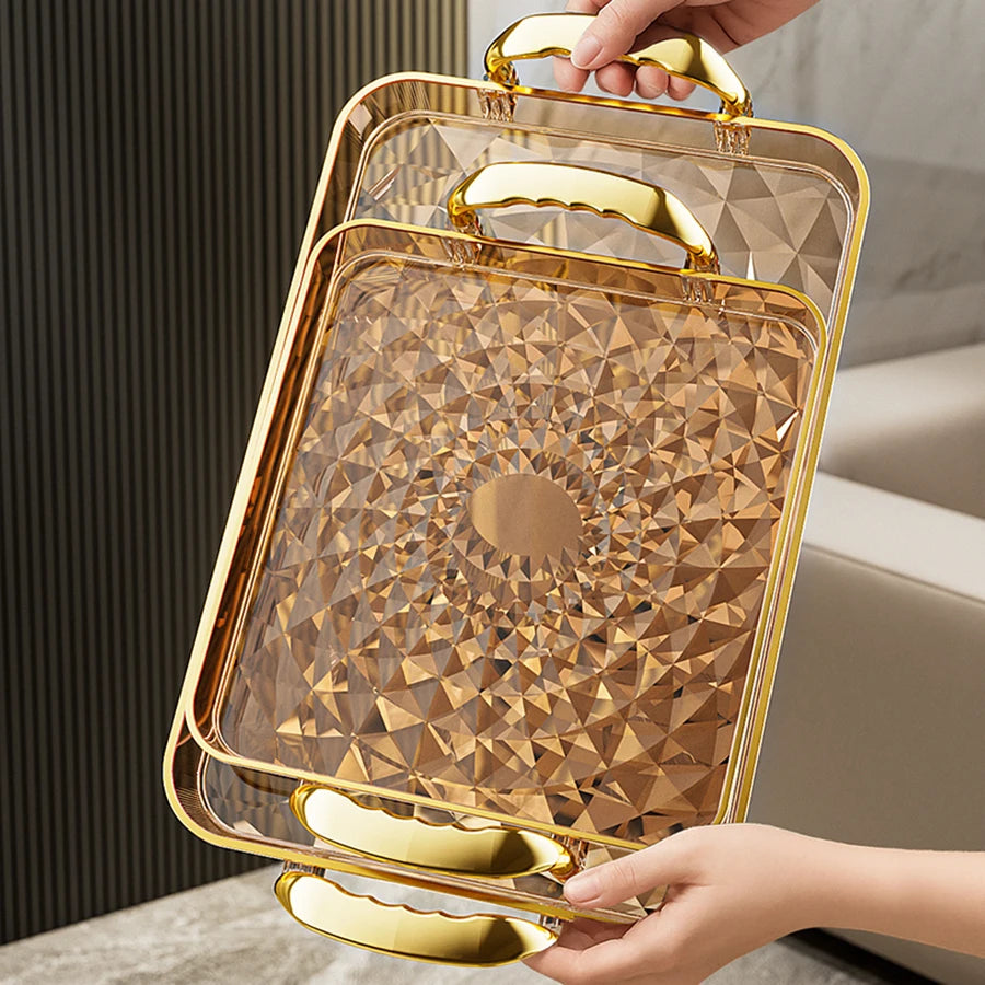 WORTHBUY Light Luxury Clear Serving Tray Plastic Fruit Dessert Tray With Handle Home Decorative Storage Tray Kitchen Organizer