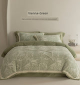 Green floral-patterned comforter set on a bed with 'Vienna Green' label.