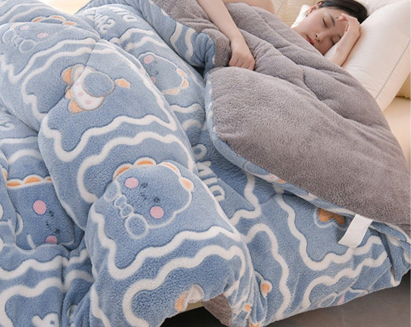 Person lying on a couch under a cartoon-themed blanket with 'Rapid delivery' text above.