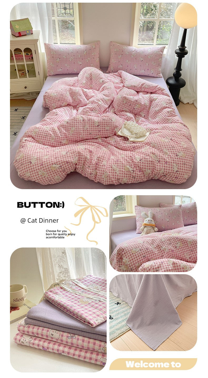 Young Adult Heart Double-Layer Yarn Bedding Four-Piece Set Washed Cotton Duvet Cover Dormitory Bed Single Student Three-Piece Set 4 Julia M LifeStyles