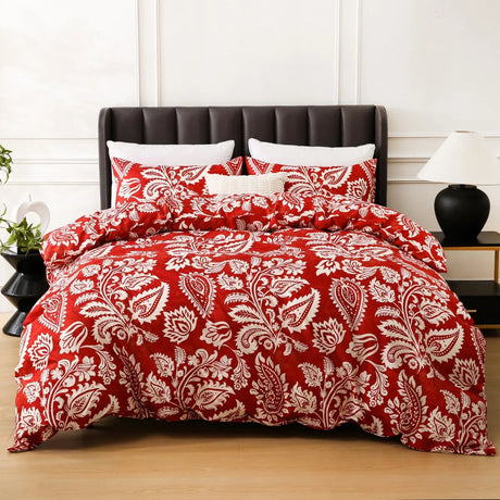 Boho White Paisley Floral Duvet Cover Twin Bohemian Exotic Flower Bedding Set Reversible Red Comforter Cover for Girl Women Room Julia M LifeStyles