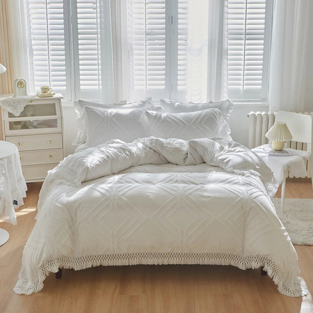 Bohemia Wavy Cut Flowers with Tassel Duvet Cover Set Single Double Boho Bedding Set Queen Soft Grace Quilt Cover and Pillowcases
