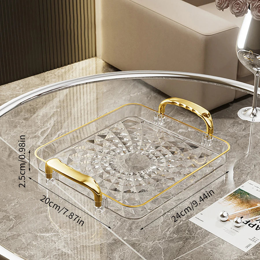 WORTHBUY Light Luxury Clear Serving Tray Plastic Fruit Dessert Tray With Handle Home Decorative Storage Tray Kitchen Organizer