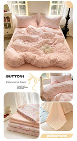 Young Adult Heart Double-Layer Yarn Bedding Four-Piece Set Washed Cotton Duvet Cover Dormitory Bed Single Student Three-Piece Set 4 Julia M LifeStyles