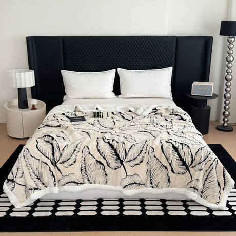 Super Thick Blanket for Winter Warm Lamb Fleece Plaids for Sofa Single/Queen/King Leaves Printed Bedspread Winter Thow Blanket Julia M LifeStyles