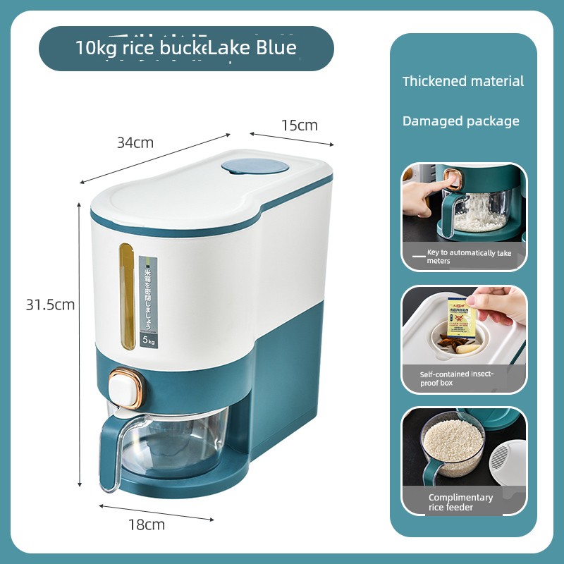 Blue and white rice cooker with dimensions and feature highlights on a blue background