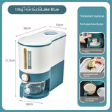 Blue and white rice cooker with dimensions and feature highlights on a blue background