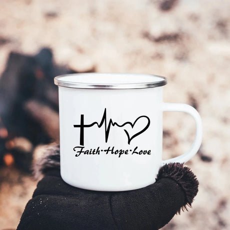 Faith Hope Love Print Christian Creative Enamel Mugs Outdoor Travel Coffee Cup Drink Dessert Milk Vintage Handle Drinkware Gift Julia M Home & Kitchen