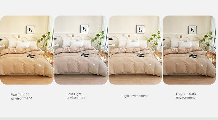 Product images under different light environments with text explaining color differences.