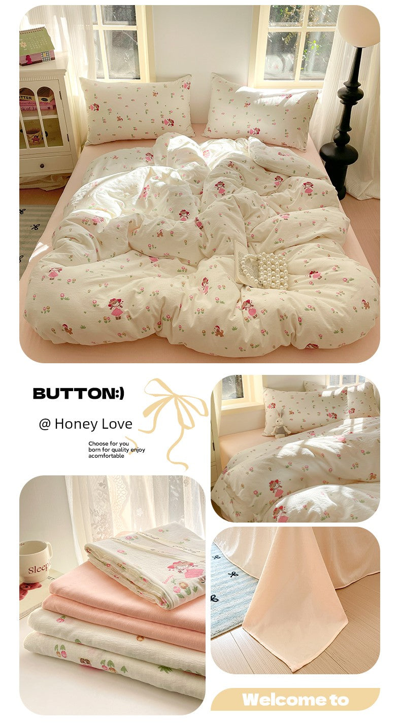 Young Adult Heart Double-Layer Yarn Bedding Four-Piece Set Washed Cotton Duvet Cover Dormitory Bed Single Student Three-Piece Set 4 Julia M LifeStyles